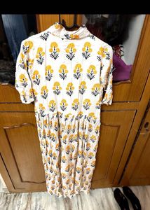 Floral Print White Cotton Kurta