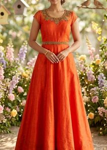 Embellished Orange Ethnic Work Gown with pant.