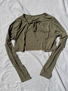 Olive Green Tie-Neck Cropped Top