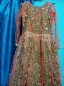 Floor Touch Gown in Peach colour with Mirror