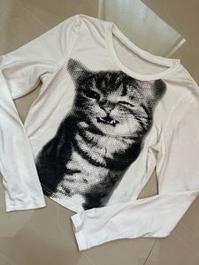 White Long Sleeve Cat Print Top