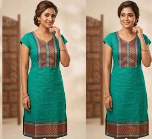 Elegant Green Kurta with Embellished Neckline (M)