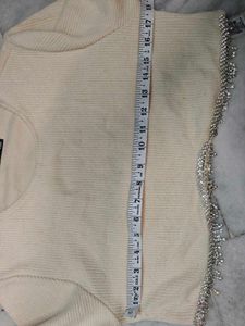 ZARA Cream Cropped Knit Top with Embellished Hem