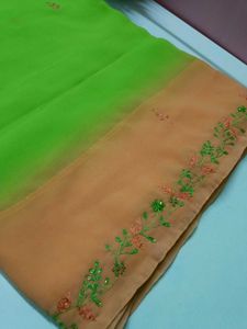 Lime Green &amp; Peach Embroidered Saree