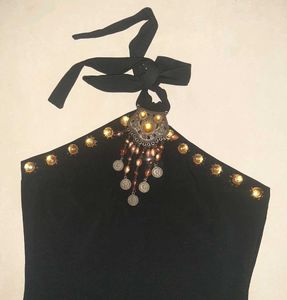 🖤 Black Embellished Halter Neck Party Dress 🖤