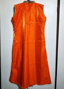 Women Orange Mirror Work Neck Embroidered Kurta