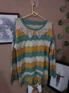 Striped Crochet Sweater with Lace Collar