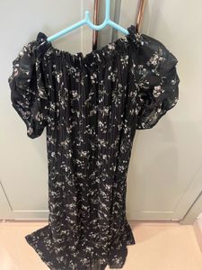 Black Floral Off-Shoulder Smocked Dress