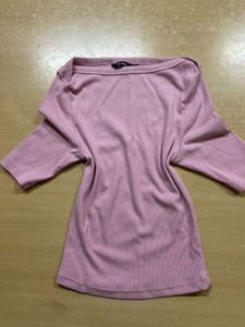 Pink Boat Neck Ribbed Top
