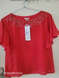 Red Beaded Neckline Top