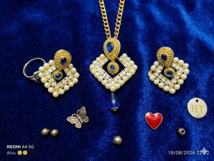 Exquisite Pearl & Blue Stone Jewellery Set
