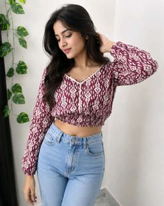 Maroon Printed Crop Top with Full Sleeves