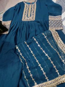 Teal Embroidered Kurta with Dupatta Set