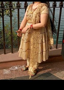 Elegant Beige Tiered Kurta Set with Dupatta
