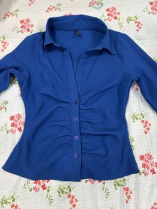 Fitted Blue Ruched Button-Down Top Shirt