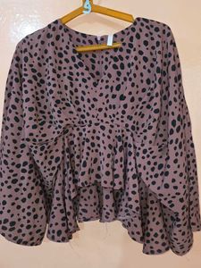 Mauve Black Printed Peplum Ruffle Top