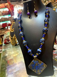 Boho Blue Beaded Necklace &amp; Earring Set
