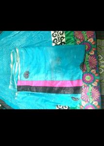 Beautiful Blue Saree with Pink &amp; Black Border