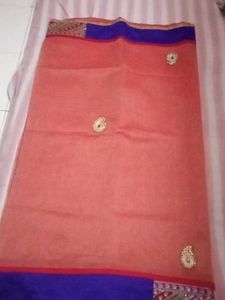 Elegant Peach Saree with Blue Border