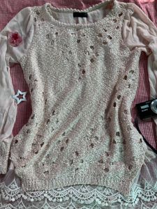 Sheer Sleeve Lace Trim Knit Top