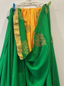 Vibrant Green &amp; Yellow Embroidered Saree