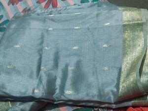 Elegant Gray Silk Saree with Gold Border