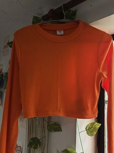 Orange Ribbed Long Sleeve Crop Top