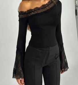 SAVANA Black Lace Trim One-Shoulder Top