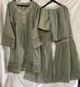 Pista-Green Embroidered Sharara Suit Set