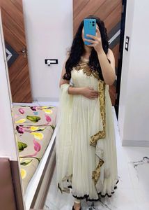 Elegant Cream Anarkali Suit with Golden Embroidery