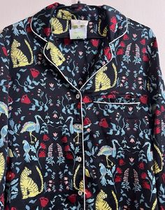 Whimsical Cat &amp; Crane Print Pajama Top