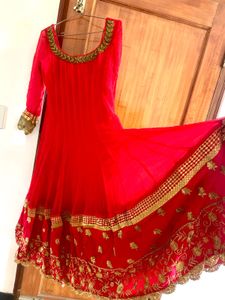Red Anarkali Gown with Gold Embroidery