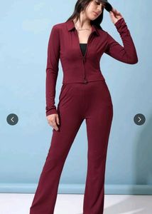 Burgundy Ribbed Knit Tracksuit Set