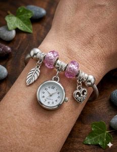 Charm Bracelet Watch with Pink Beads
