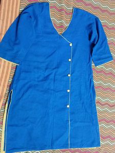 Blue with Yellow piping Angrakha Kurta - Cotton