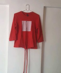 Vibrant Red 3/4 Sleeve Top with Unique Print