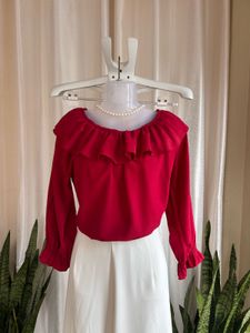 Imported red Ruffle Neck Top