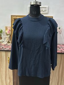 Chic Navy Ruffle Long Sleeve Top