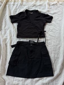 Black Wrap Top &amp; Cargo Skirt Set