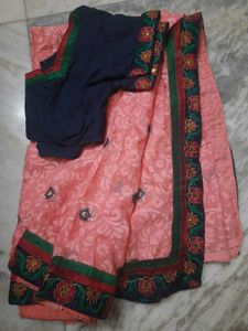 Peach Saree with Navy Blouse
