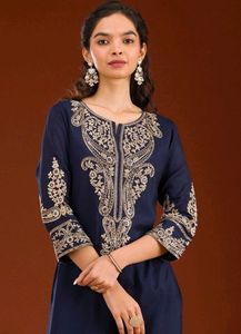 Embroidered Navy Blue Kurta