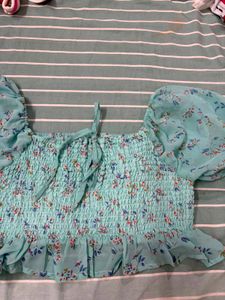 Aqua Floral Smocked Crop Top