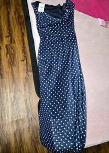 Navy Polka Dot One Shoulder Dress
