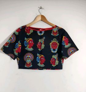 Desi Weavess Black  Kalamkari Print Short Sleeves Crop Tops (Women's)