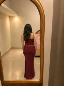 Elegant cherry red Maxi Dress with High Slit