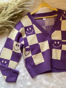 Purple Smiley Checkered Cardigan