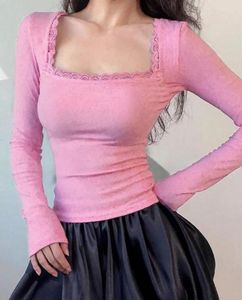 Pink Lace Square Neck Long Sleeve Top