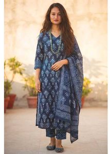 Navy Blue Printed Kurta Set with Dupatta