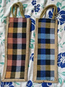 Set of 2 ~  Plaid Jute Pouches/ Water Bottle Bags