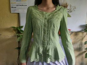 Green Peplum Blouse with Eyelet Detail